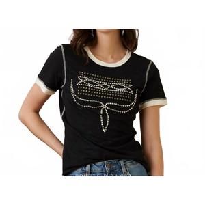 NEW DOUBLE D RANCH women's bootstitch and bling top in navy blue